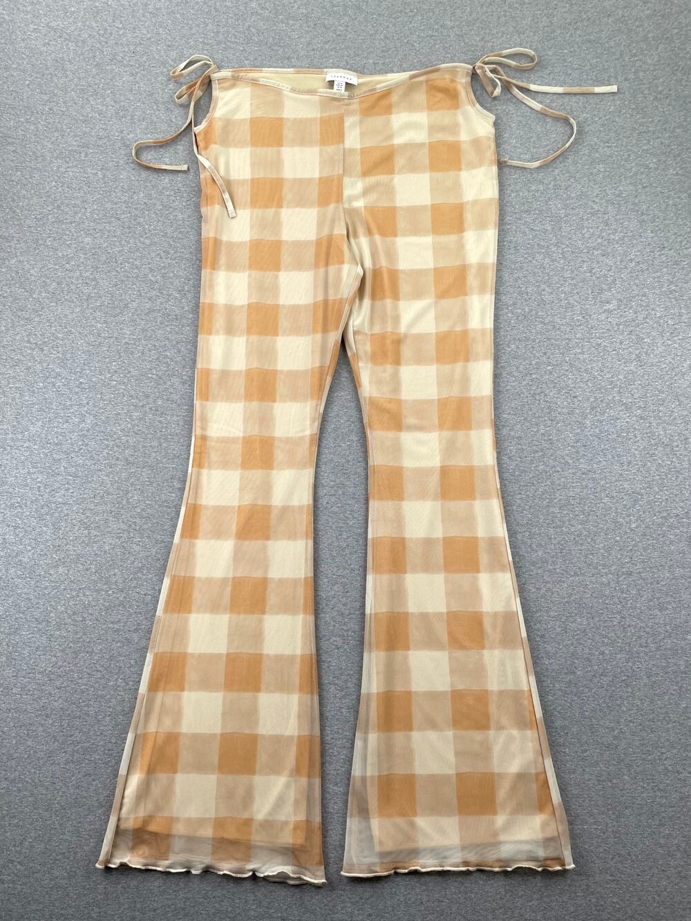 TOPSHOP Pants Womens 12 Yellow Flare Mesh Check Plaid Side Ties Festival Summer